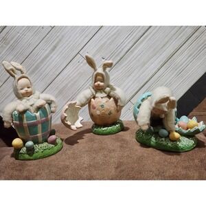DEPT 56 Easter Babies Felt Dressed Up In Bunny Suits Sitting In Colored Eggs Lot